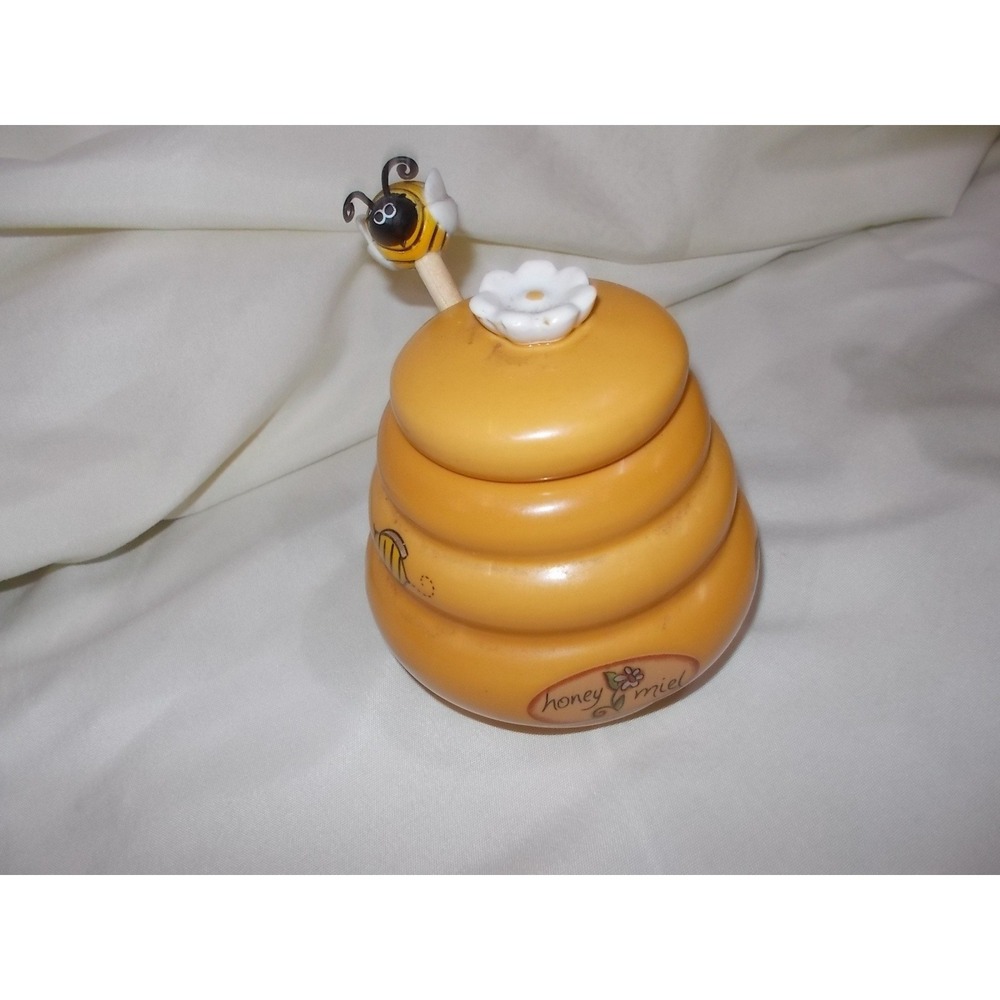Ceramic Beehive Honey Pot with Wooden Bee Dipper Yellow Honey Miel Jar